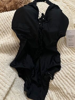 Swimsuits For All Black Lace-Up One-Piece Swimsuit